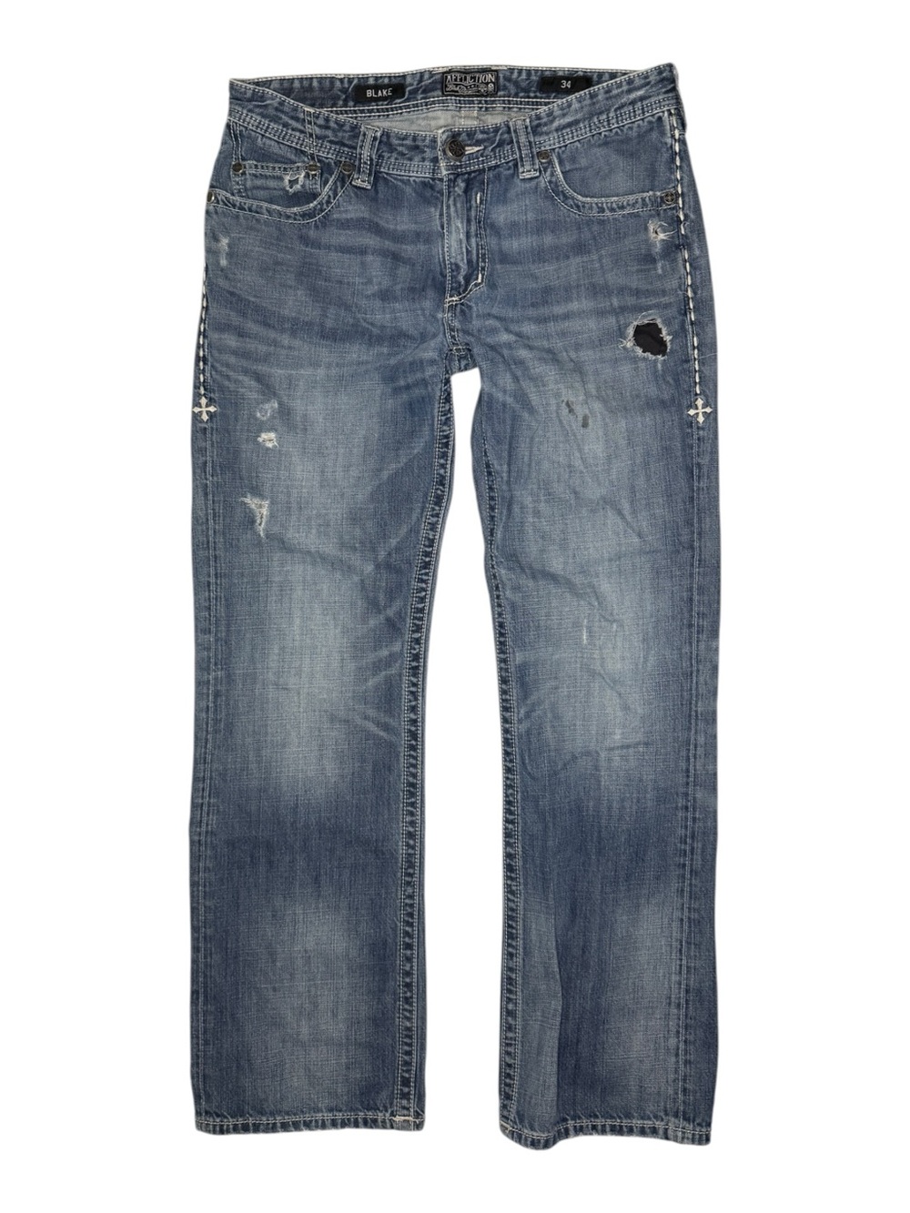 Affliction Jeans Mens 34 Blue Blake Relaxed Straight Distressed